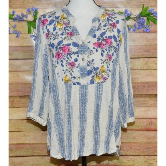Hope Springs Ladies Floral Striped V-Neck 1/4 Button Up Blouse Size L 3/4 Sleeve - Picture 1 of 10